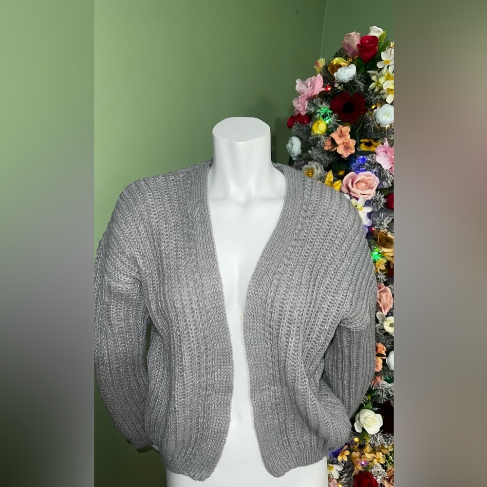 Oversized Grey Ribbed Knit Cardigan - Chunky Open Front Sweater